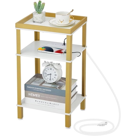 ZEXVIDA Side Table with Charging Station for Small Spaces, 3-Tier End Table with USB Ports & Power Outlets, Narrow End Table Bedside Table Nightstand with Metal Tabletop Tray Storage (White & Gold)