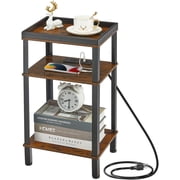 ZEXVIDA Side Table with Charging Station for Small Spaces, 3-Tier End Table with USB Ports & Power Outlets, Narrow End Table Bedside Table Nightstand with Metal Tabletop Tray Storage Rustic Brown