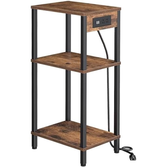 Side Table with Charging Station, Tall End Tables Living Room, 30 Inch Skinny Night Stand with Storage, Small Bedside Tables for Bedroom, Office, Dorm, Hallway, Rustic Brown