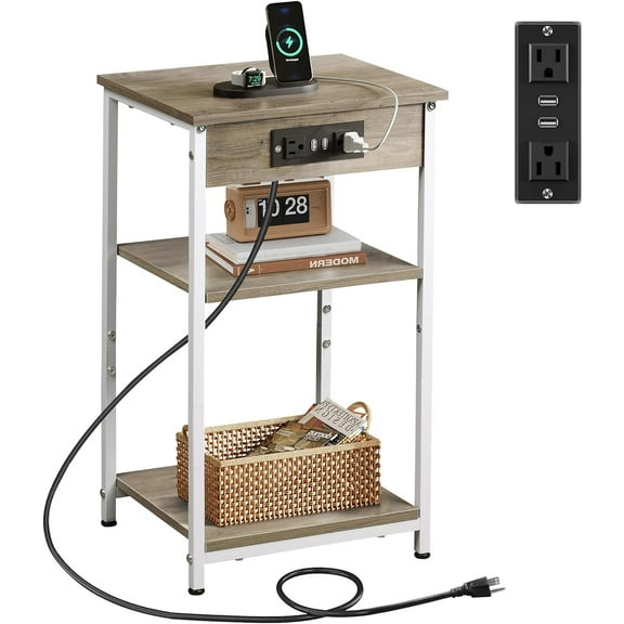 Side Table with Charging Station and USB Ports, Small End Tables for Small Spaces, 3-Tier Nightstand with Adjustable Shelf, Bedside Tables, Living Room, Bedroom, Greige