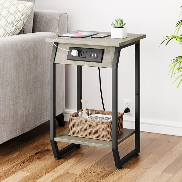 Side Table with Charging Station, Vintage End Table with USB Charging Ports and Outlets for