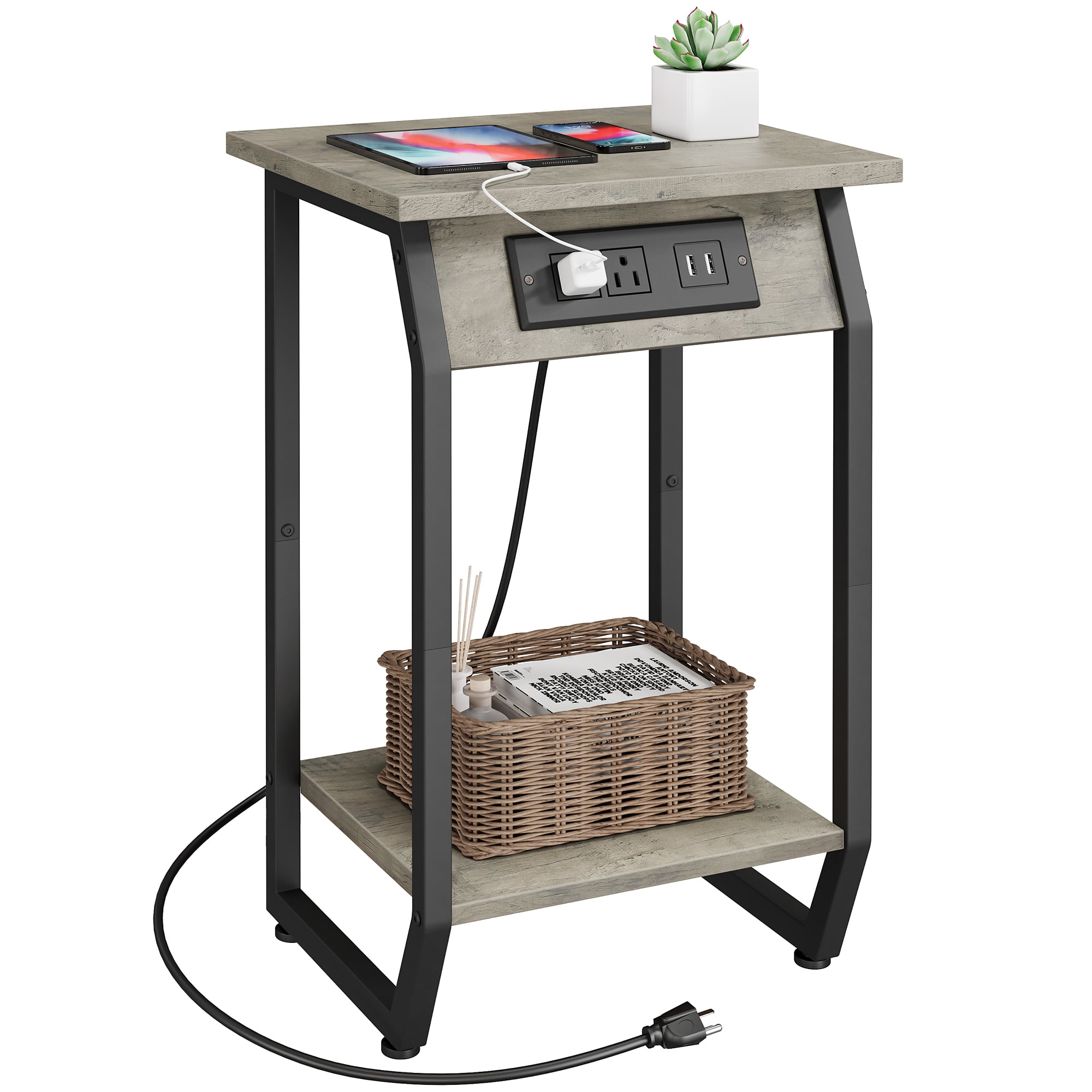 Side Table with Charging Station, Vintage End Table with USB Charging