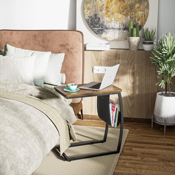 Side Table End Table, Vintage C Shaped Couch Table with Side Pocket for Sofa Laptop Coffee Snack, Walnut