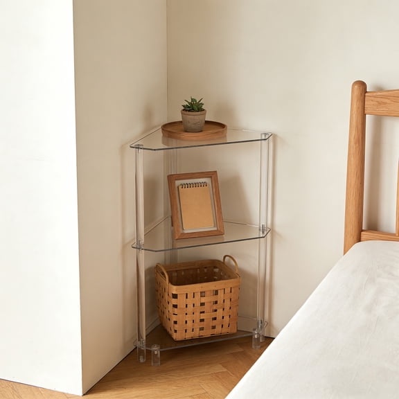 Side Table, End Tables, 3 Tier Acrylic Triangle Side Table, 11.8''L x 11.8''W x 26''H, Transparent, Space Saving Corner Shelf, 22.05 lbs Capacity, Modern Sofa Side Table for Small Space