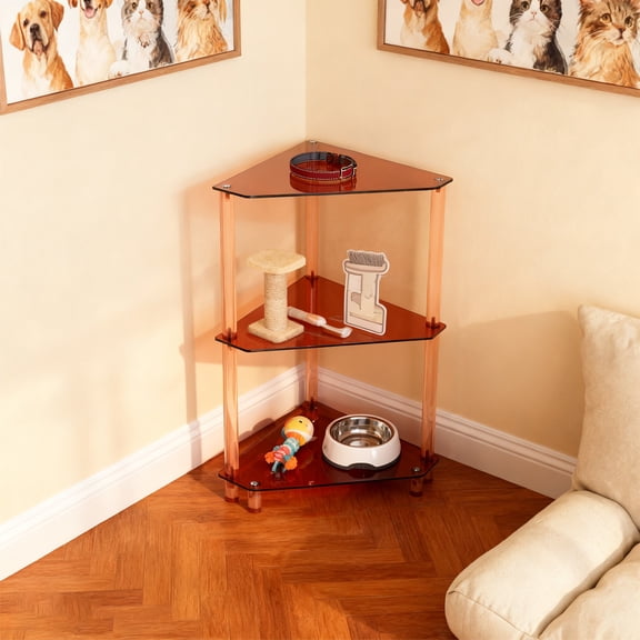 Side Table, End Tables, 3-Tier Triangle Corner Shelf, 11.8x11.8x26 Inch, Brown Acrylic Small Side Table with Storage, Sofa Side Table for Living Room Bedroom, Space Saving