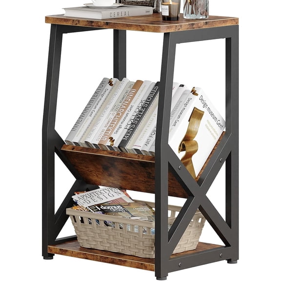 Side Table, End Tables with X-Shaped Shelf, 3-Tier Side Small Narrow End Table, Strong Metal Frame, Easy Assembly, Rustic Brown for Living Room, Bedroom, Kitchen