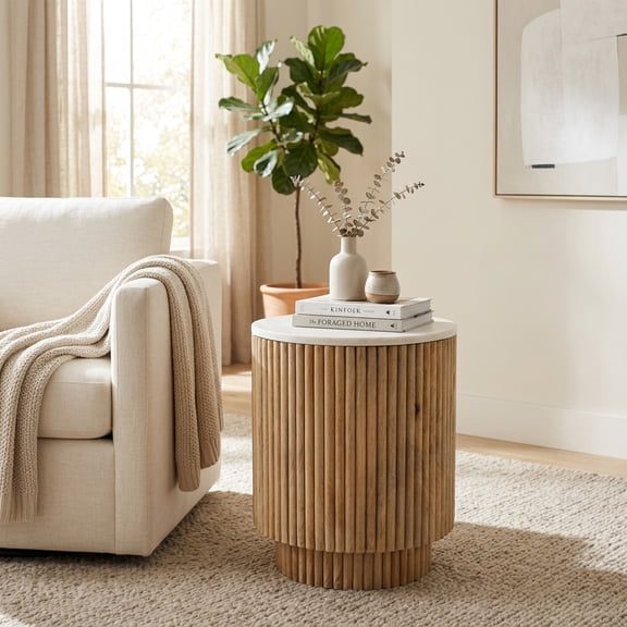 Side Table with Fluted Base and Marble Top for Office and Study - Modern Accent Piece for Small Spaces and Home Decor - End Table or Night Stand for Bedroom or Living Room - 20", Brown & Ivory
