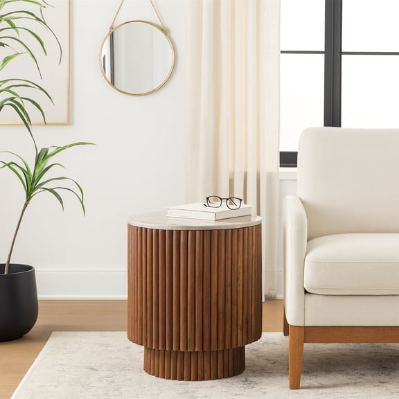 Sagebrook Home Marble Top End Table for Home Decor - Ribbed Wood Side Table for Bedroom Nightstand, Sofa, and Living Room - 20", Ivory & Brown