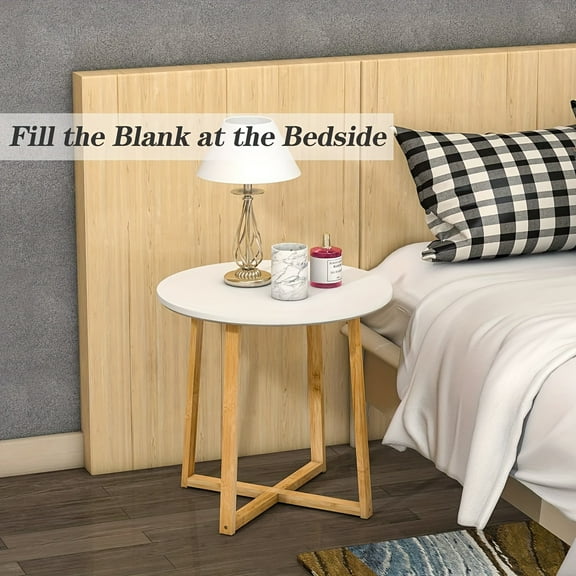 Side Table For Living Room End Table - For Sofa And Bedside Nightstand Round Coffee Table With Sturdy Bamboo Legs (19.6x18.4 Inch)