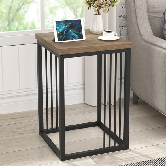 Side Table, Industrial Bedside End Table for Living Room, Rustic Wood and Metal Nightstand for Bedroom, Oak