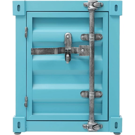 Side Table, Industrial Style Container Cabinet, Iron Bedside Table, Shipping Container Design Lockable Storage Cabinet, 15.7x15.7x19.7 Inch Bedside Table for Living Room, Bar, Garage (Blue)
