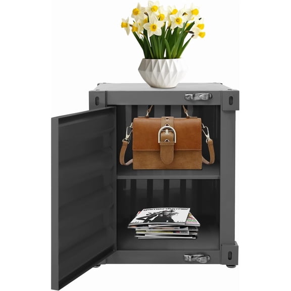 Side Table, Industrial Style Container Cabinet, Iron End Tables with Metal Combination Lock, Multifunctional Iron Bedside Table Storage Cabinet for Living Room, Bedroom & Office (Black)
