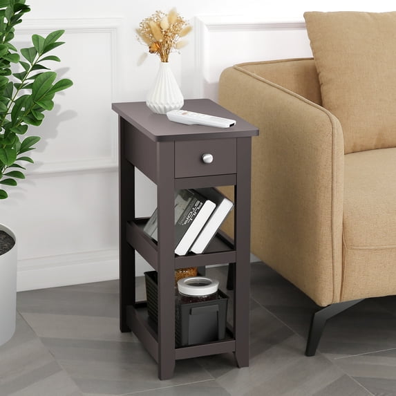 Side Table Living Room, Narrow End Table with Drawer and Shelf, 3-Tier Sofa End Table for Small Space, Bed Room Office, Brown