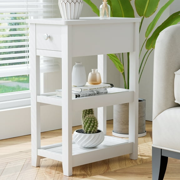 Side Table Living Room, Narrow End Table with Drawer and Shelf, 3-Tier Sofa End Table for Small Space, Bed Room Office, White