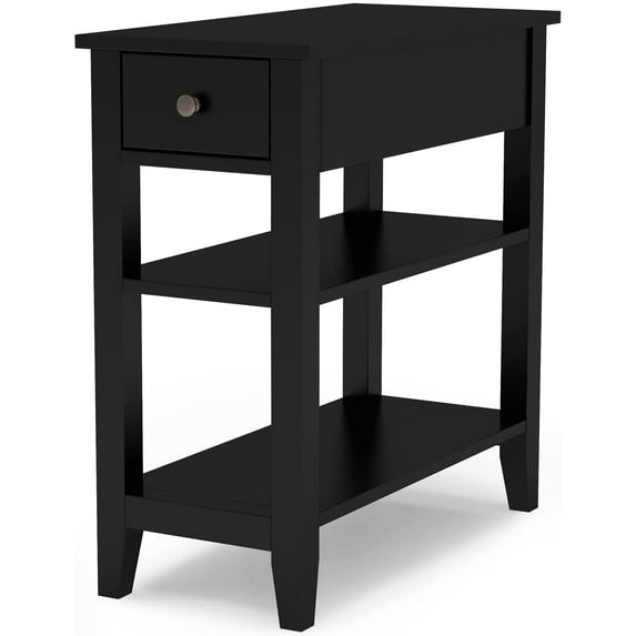 Side Table Living Room, Narrow End Table with Drawer and Shelf, 3-Tier Sofa End Table for Small Space, Black