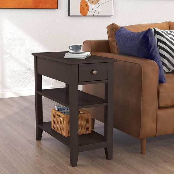 Side Table Living Room, Narrow End Table with Drawer and Shelf, 3-Tier Sofa End Table for Small Space, Espresso