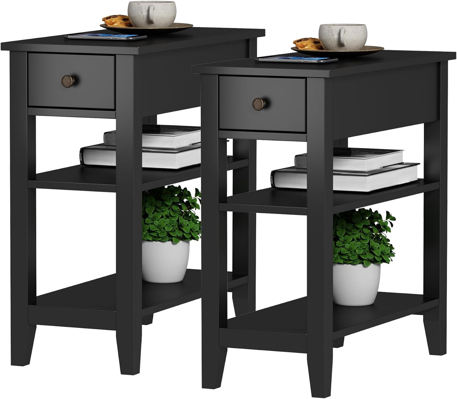 Side Table Living Room Set of 2, Narrow End Table with Drawer and Shelf ...