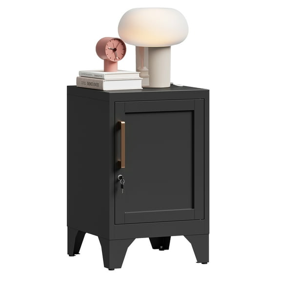 Side Table,Modern End Table,Metal Black Nightstand,Bedside Table with Storage for Bedroom,Living Room,Small Space,Couch. Assembly Required