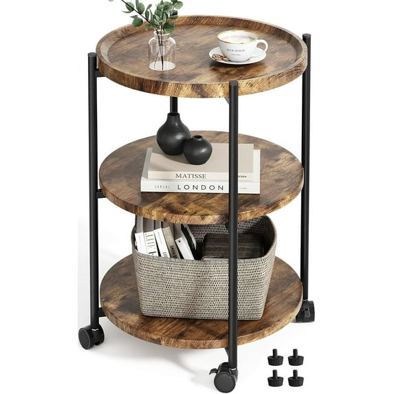 Side Table, Modern End Table with Wheels, Small Round Nightstand Bedside Table for Living Room, Bedroom, or Small Spaces