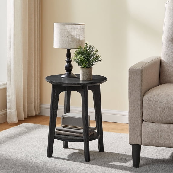 Side Table, Modern Farmhouse Nightstand, Small Round End Table with Lower Shelf for Small Spaces