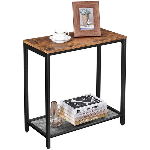 Side Table Narrow Small End Table with Mesh Shelf Nightstand Living Room Bedroom, Kitchen Metal Industrial Design Rustic Brown