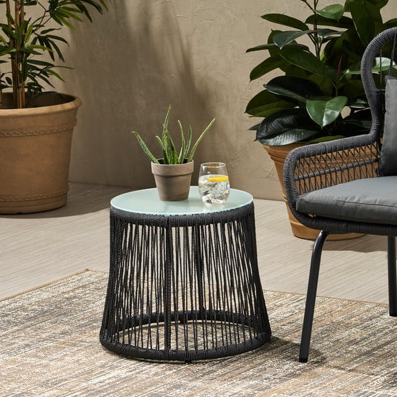 Side Table - Natural Textured Rope And Iron, Tempered Glass , Patio Accent, Simple To Sanitize, 18.96" D X W 16.01" H End & Strong Iron Frame, Top, Chic For Outdoor, Easy Wipe, 18.96in Deep Wide