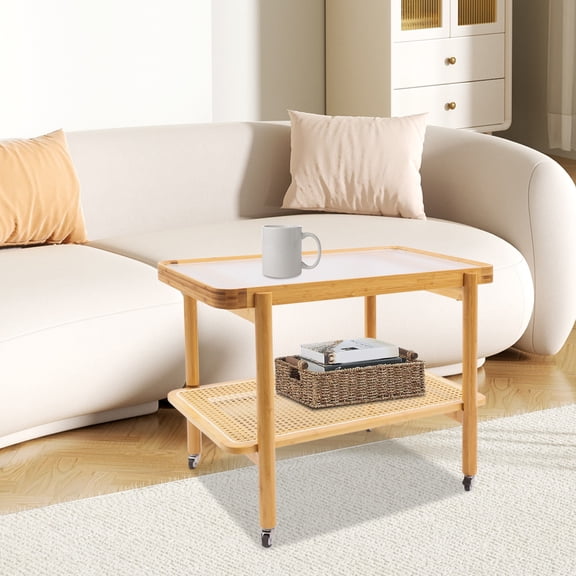 Side Table Nature Rattan Glass End Table 2-Tier with Storage Bamboo Table