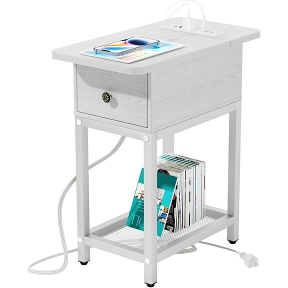 Side Table Night Stands End Table with Charging Station Drawers Small Nightstand Bedroom Narrow Nightstand for Small Spaces Nightstand White