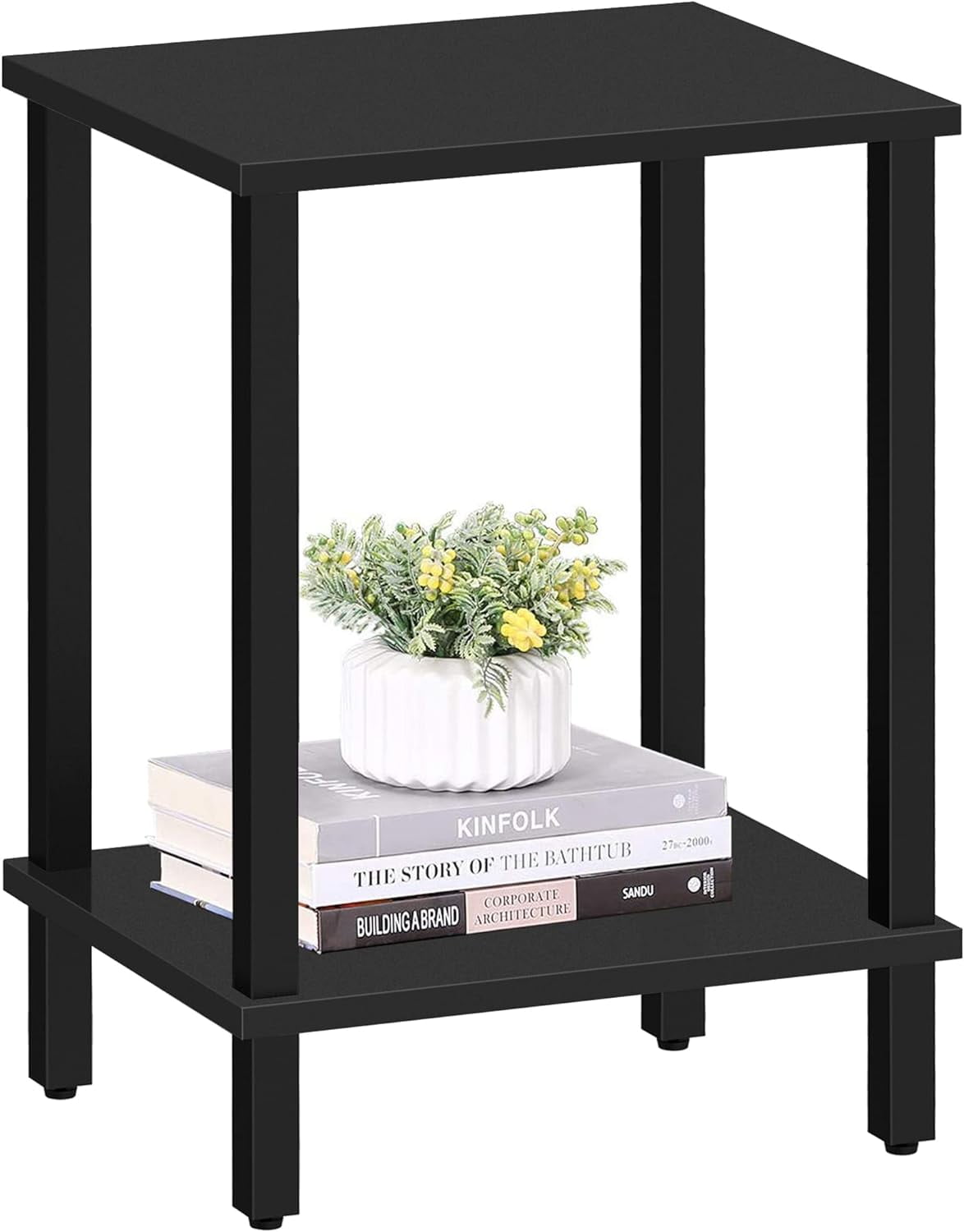 Black 2-Tier Rectangular Side Table with Storage Shelf