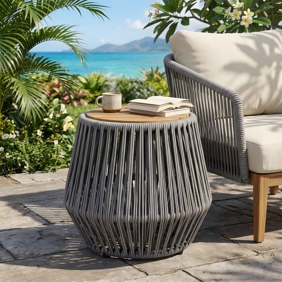 Side Table, Outdoor Acacia Wood Table with Grey Rope Base for Patio Balcony Garden, Teak