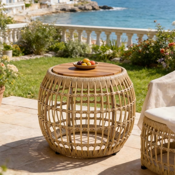 Side Table, Outdoor Acacia Wood Table with Wicker Base for Patio Balcony Garden, Light Brown