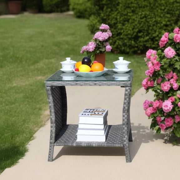 Side Table Outdoor for Backyard, SHINPT Outdoor Table with Storage, Wicker Side Table with Clear Tempered Glass, Glass Side Table for Yard, Lawn, Outdoor Square Coffee Table for Patio, Garden