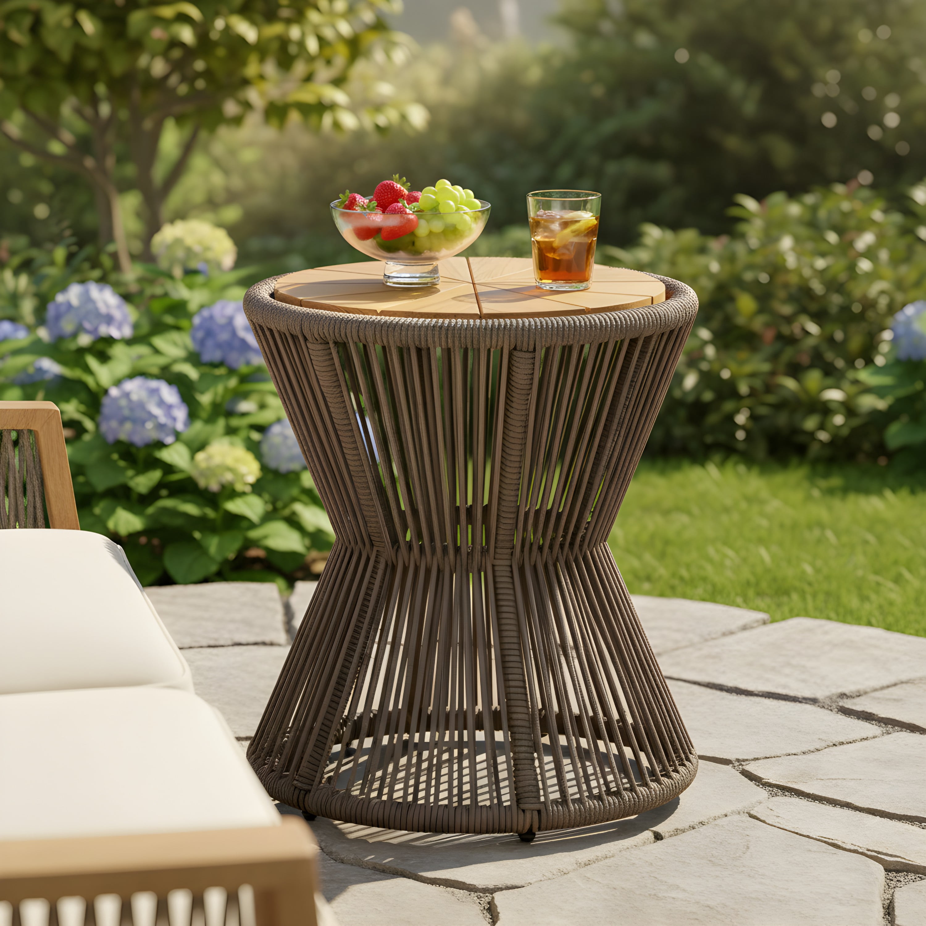 Side Table, Outdoor Dark Grey Rope and Acacia Wood Hourglass Design Table for Patio Deck, Teak