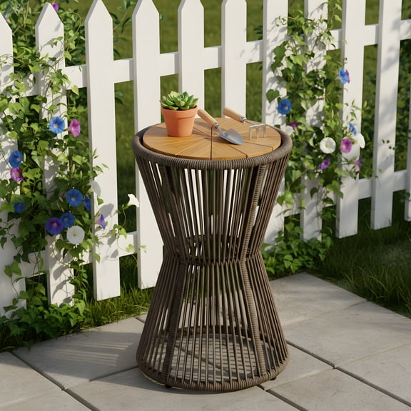 Side Table, Outdoor Dark Grey Rope and Acacia Wood Hourglass Design Table for Patio Deck, Teak