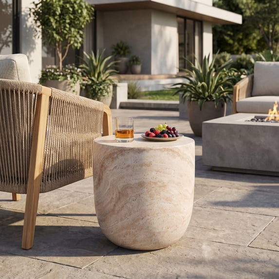 Side Table, Outdoor/Indoor Lightweight Concrete Side Table, Travertine ...