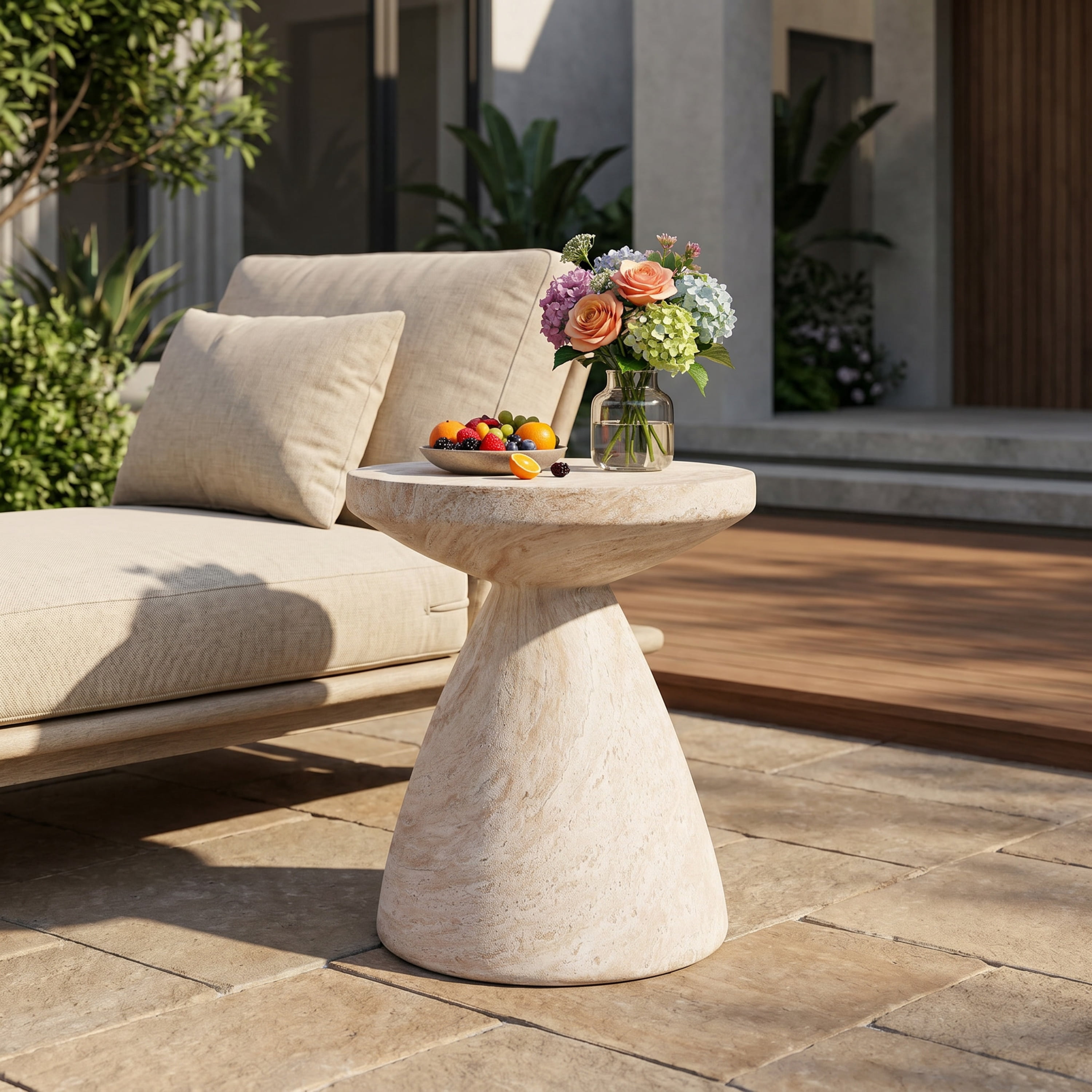 Side Table, Outdoor Indoor Lightweight Concrete Table for Patio Balcony Garden, Travertine Finish