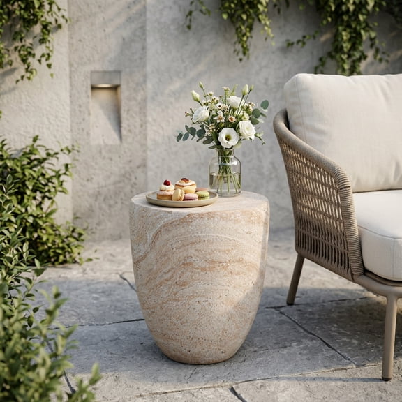 Side Table, Outdoor Indoor Lightweight Concrete Table for Patio Balcony Garden, Travertine Finish