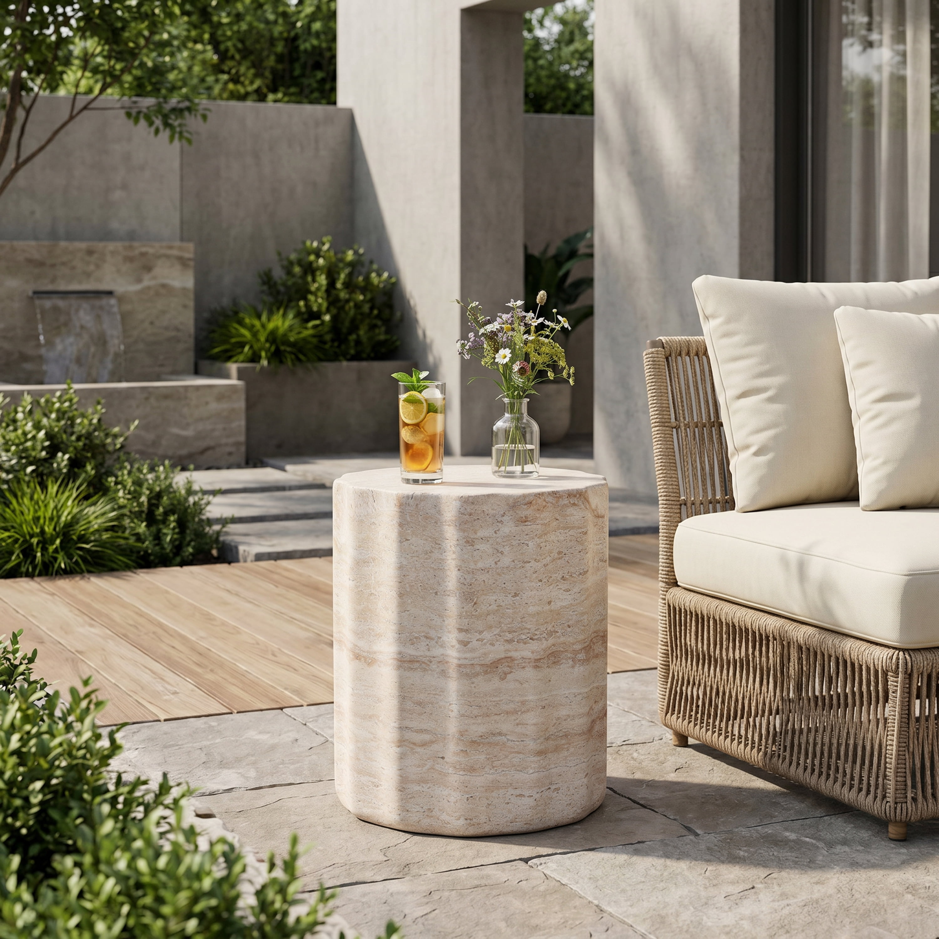 Side Table, Outdoor Indoor Lightweight Concrete Table for Patio Balcony Garden, Travertine Finish