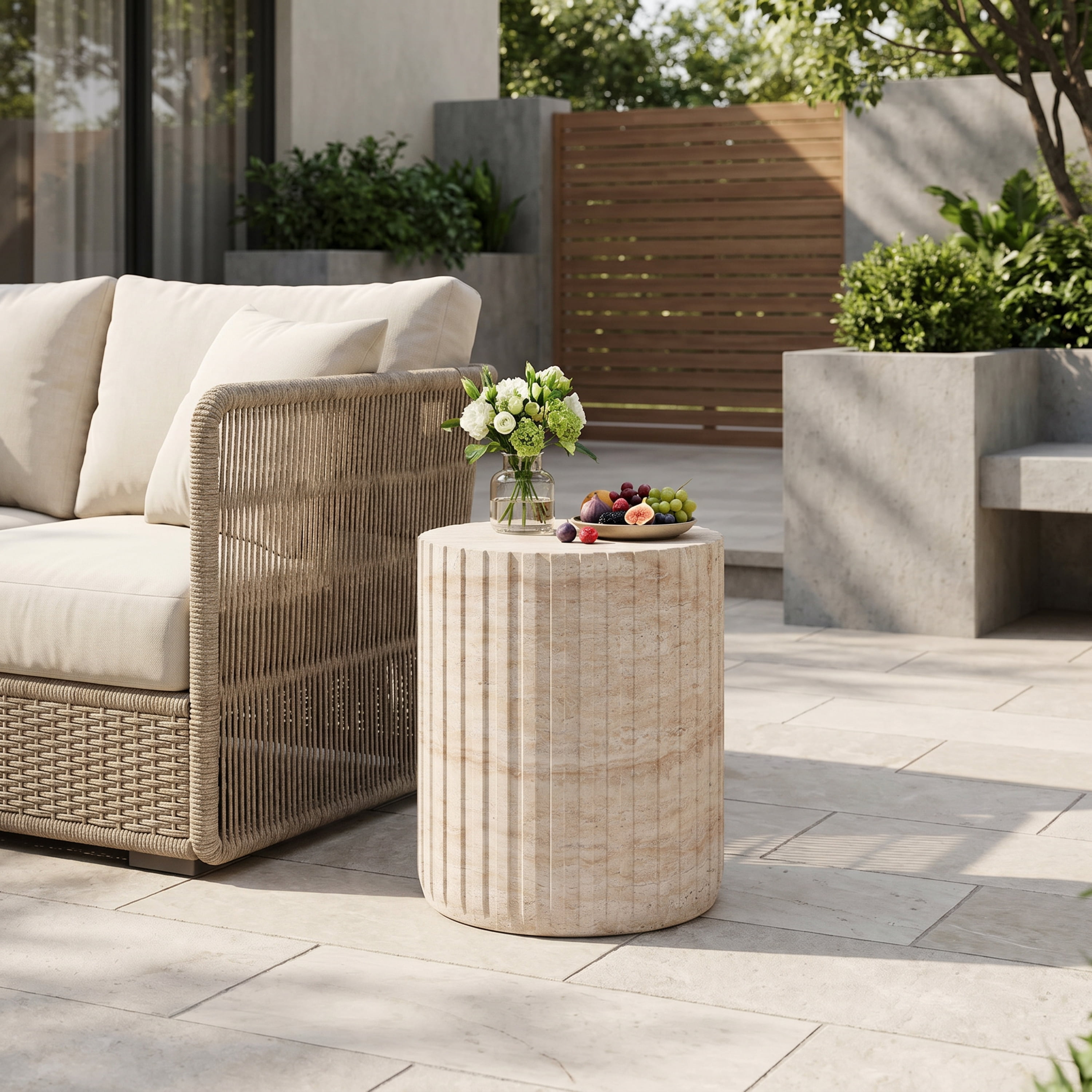 Side Table, Outdoor Indoor Lightweight Concrete Table for Patio Balcony Garden, Travertine Finish