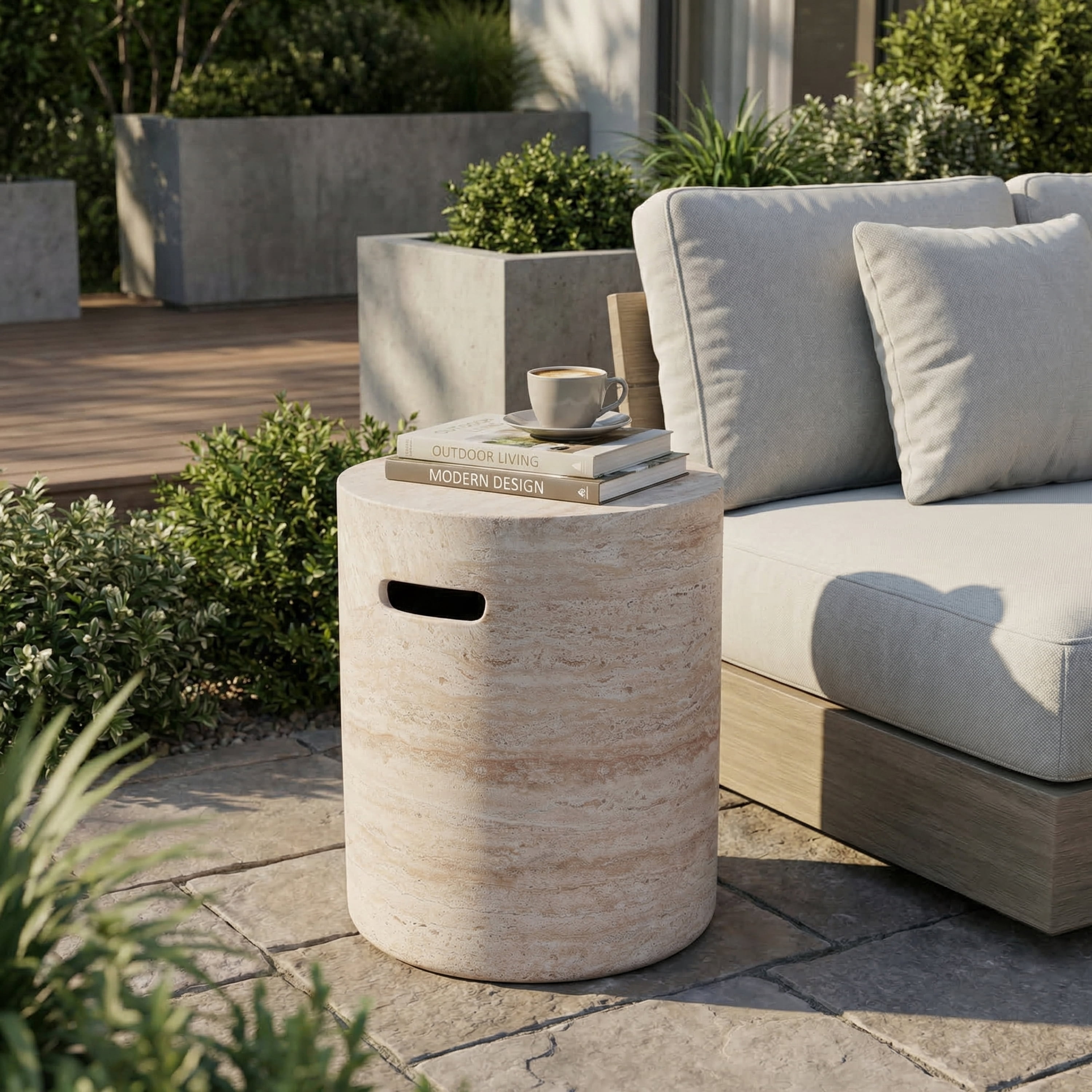 Side Table, Outdoor Indoor Lightweight Concrete Table with Side Handles for Patio Garden, Travertine Finish