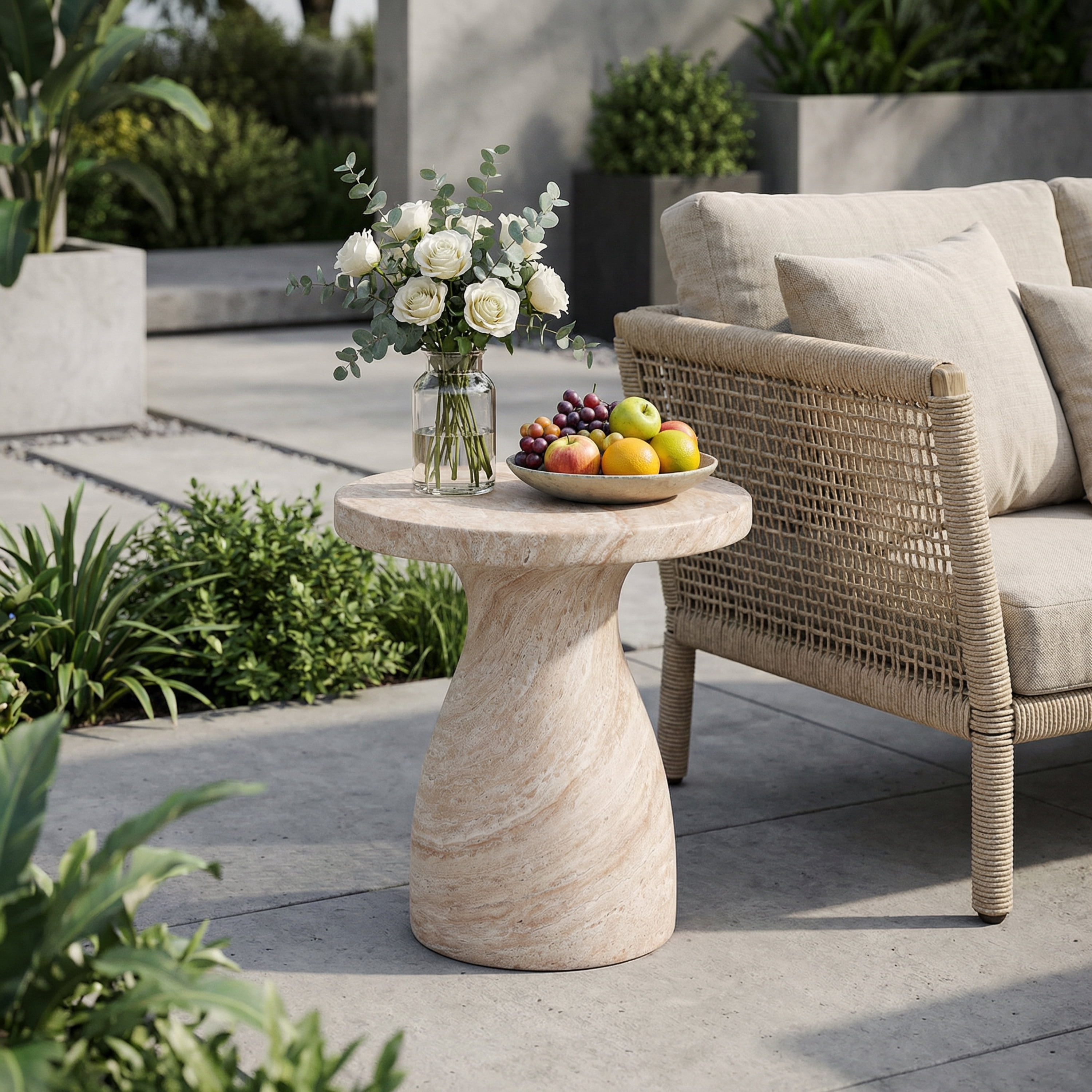 Side Table, Outdoor Indoor Travertine Lightweight Concrete Table for Patio Balcony Garden, Travertine Finish