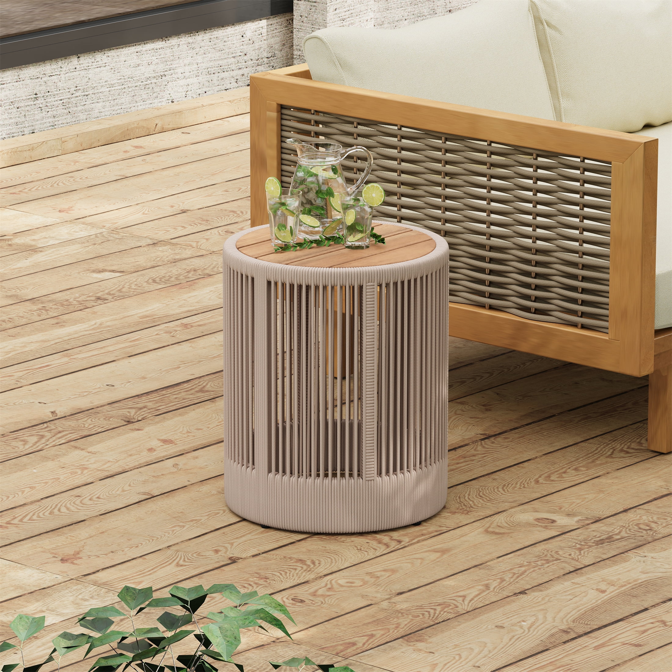 Side Table, Outdoor Rattan Rope and Acacia Wood Table for Patio Balcony Garden, Beige Rope and Natural Iron