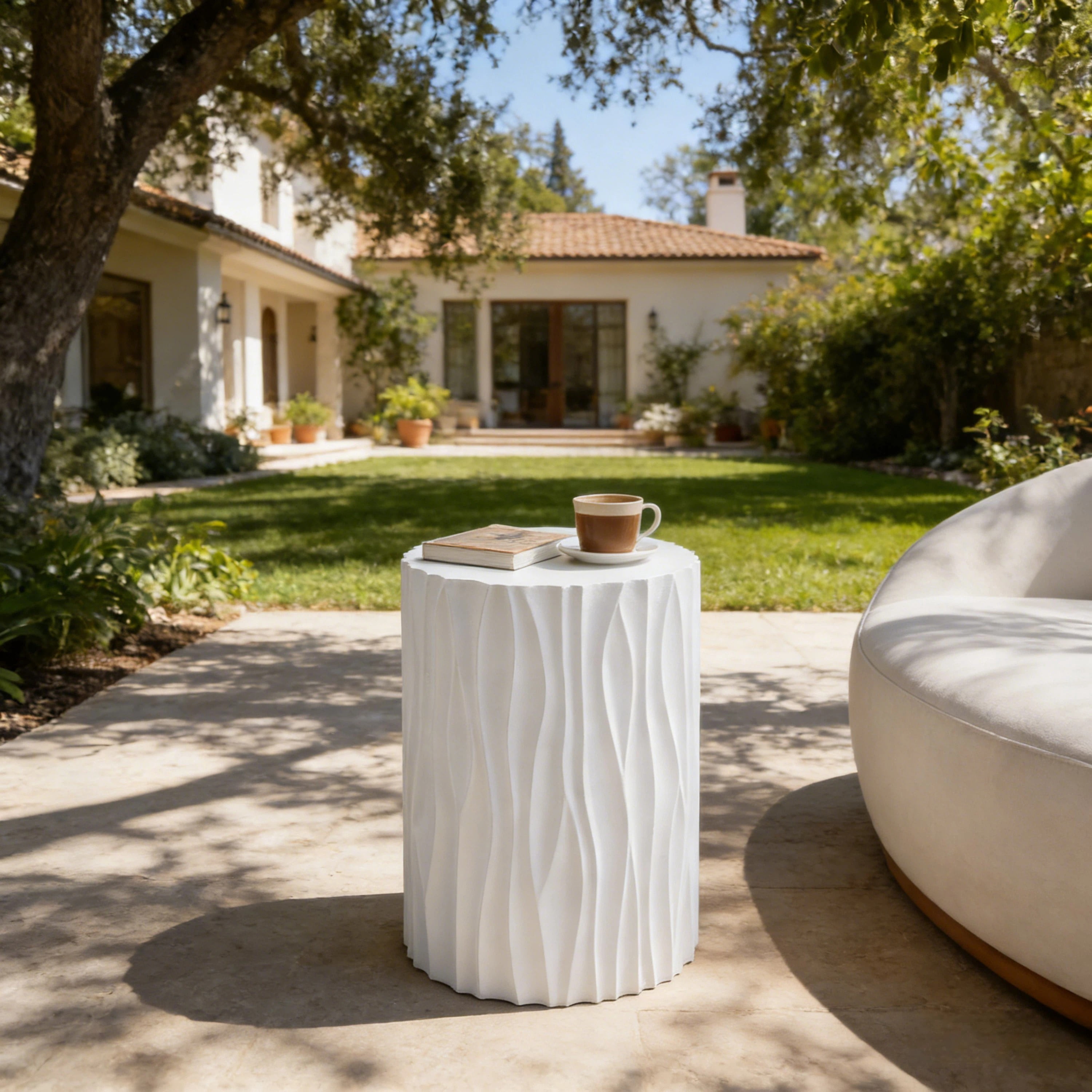 Side Table, Outdoor White Wavy Fluted Design Table for Patio Balcony Garden, White