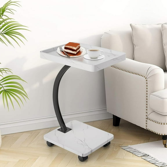 Side Table with Rolling Wheels, Laptop Side Table C Shape Side Table with Rolling Wheels Sofa Couch Arm Table, Tv Tray, Small Bed Stand, C Shaped End Tables for Living Room, Bedroom, Bedside,Wood