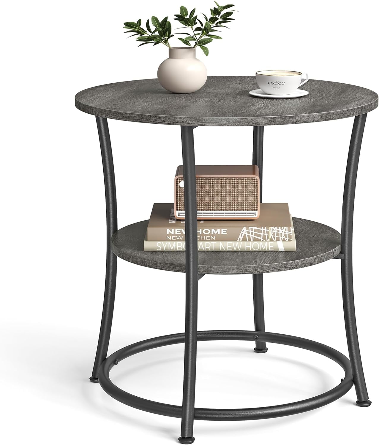 Greige and Ink Black Round Metal Side Table with 2 Shelves