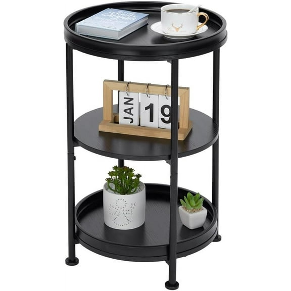 Side Table, Round End Table with 3 Shelves for Living Room, Bedroom, Nightstand with Steel Frame for Small Spaces, Industrial Round Sofa Table, Outdoor Accent Coffee Table, Black