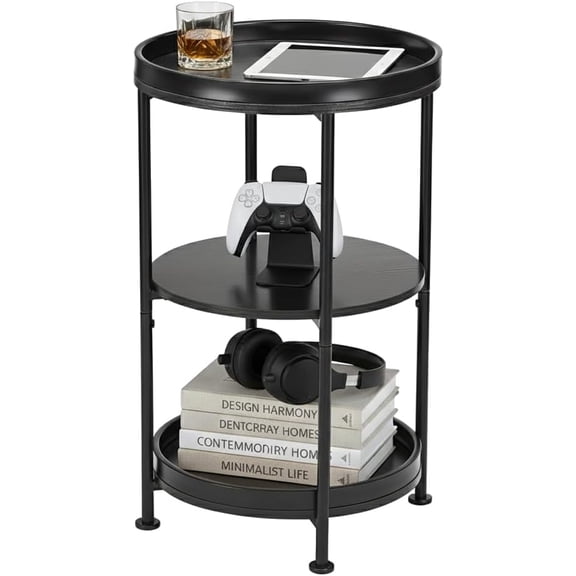 Side Table, Round End Table with 3 Storage Shelves for Living Room, Bedroom, Nightstand with Steel Frame for Small Spaces, Industrial Round Sofa Table, Outdoor Accent Coffee Table, Black