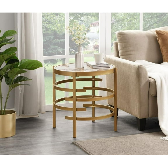 Side Table, Round End Table Pandora Sintered Stone Sofa Side Table Small Coffee Table Accent Table Nightstand for Living Room Bedroom Balcony Office, Gold