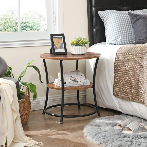 VASAGLE 21.7-Inch Round Side Table, 2-Tier End Table, Nightstand with Steel Frame, Spacious Top, for Small Spaces, Living Room, Bedroom, Rustic Brown and Ink Black