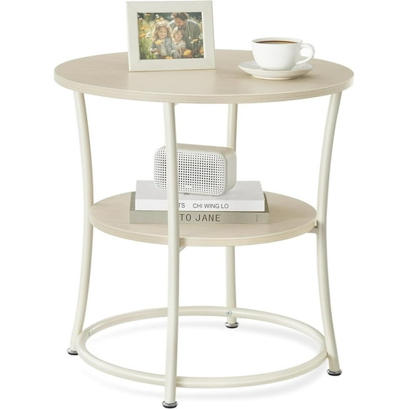 Side Table, Round End Table with 2 Storage Shelves Nightstand for Living Room, Accent Coffee Table, Natural Beige